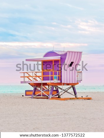 Pink art deco lifeguard stand on Miami South Beach, life guard tower, coastal landmark