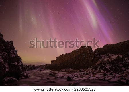 Pink aurora borealis over rocky river gorge, Thingvellir Iceland