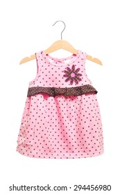 Pink Baby Clothes Dress Bodysuit Polka Dots Texture With Brown Ruff Back View In Clothes Hanger, Isolated On White Background.