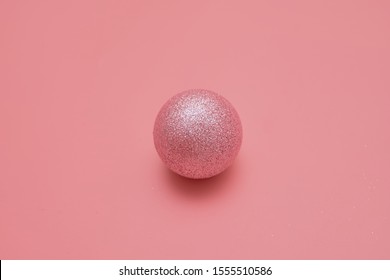 Pink Background With Pink Balls. Christmas Flay Lay. Top View