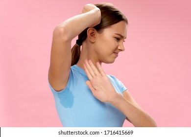 Pink Background Beautiful Girl And Sweating Bad Smell