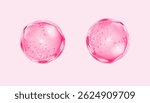 Pink background with collagen cell pattern for skin care concept. Realistic 3d vector illustration with oil ball drop and liquid cosmetic sphere with molecule inside. Face and body moisture essence.