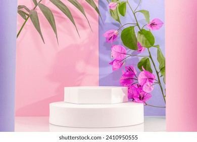 Pink background with display stand for products with 3-D rendering. Empty platform with podium for cosmetics, jewelry, models or other objects.
