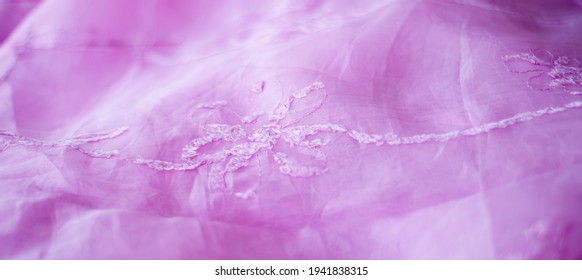 Pink Background From Silk Organza With Floral Embroidery.