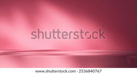Pink background with table top and shadow on the wall. Girly color countertop for luxury brand display mockup template. Empty scene showroom interior for beauty and cosmetic product placement.