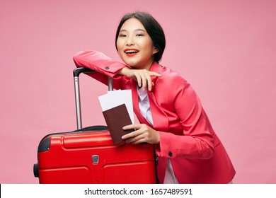 Pink Background Woman Travel Passport Airplane Ticket Suitcase