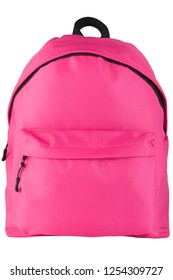 Pink backpack standing isolated on white background. School bag.
