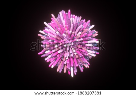 Pink ball, sphere with not sharp spikes, sticks around it on black background. Geometric shape in pink colors. All sticks around the ball are the different length. Studded ball.