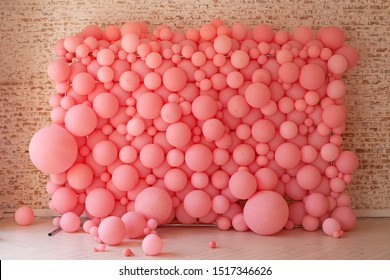 Pink Balloons, Pink Bubbles Beautiful Birthday Texture. Wall Decor For A Party. Decorated Wall For The Holiday. Cells Under The Microscope, Macrocell Division. Decorated Brick Wall With Balloons.