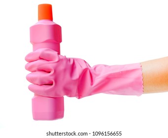 
Pink Bathroom Remover With A Hand And Pink Latex Gloves Isolated On White Background, Cleaning Time Protecting Hand From Detergents As They Use A Cleaning Sponge