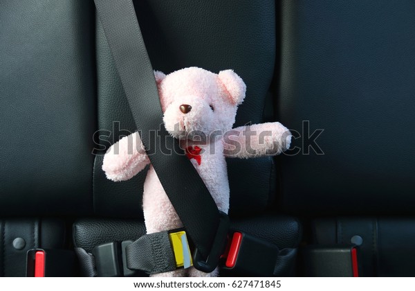Pink bear on back seat car with safety belt in
safety travel on the road