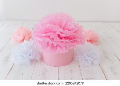 Pink Beautiful Pompom On A White Background. Paper Pompom. Pompom For Decor.