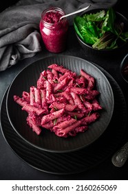 
Pink Beetroot Pesto Pasta. Macaroni With Pink Beetroot Pesto.