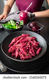 
Pink Beetroot Pesto Pasta. Macaroni With Pink Beetroot Pesto.