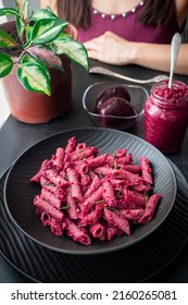 
Pink Beetroot Pesto Pasta. Macaroni With Pink Beetroot Pesto.