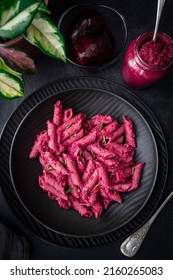 
Pink Beetroot Pesto Pasta. Macaroni With Pink Beetroot Pesto.