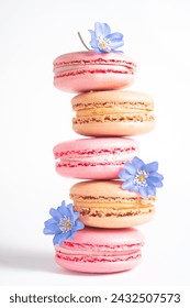 Pink and beige macaroons and mini blue flowers isolated on white background, photo aesthetics.