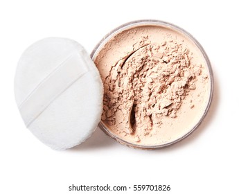 Pink Beige Powder With Package And Puff Isolated On White Background