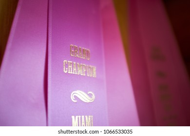 Pink Best In Show Breed Champion Ribbon Or Rosette For The Winner In A County Livestock Or Animal Show In A Close Up View On The Gold Text