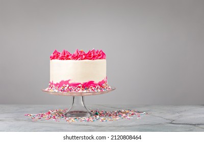 Pink Birthday Cake With Buttercream Icing And Sprinkles