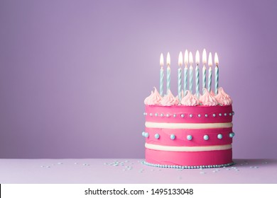 Pink Birthday Cake With Nine Candles