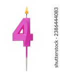 Pink birthday candle isolated on white background, number 4.