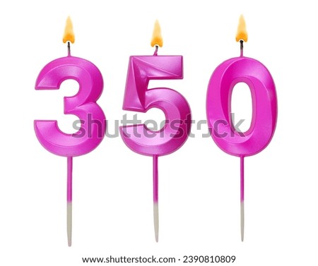 Pink birthday candles burning on white background, number 350.