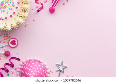 Pink Birthday Party Background With Birthday Cake And Party Hats