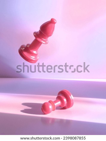 Pink Bishop Chess Piece Floating Over Lying Down Pawn Piece in Board Game Strategy Surrender Concept Scene on a Pink and Purple Pastel Background