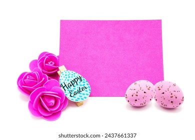 Pink blank greeting card with rose flowers with colored eggs. Copy space. Free space for text. Happy easter!	 - Powered by Shutterstock