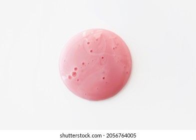 Pink Blob Shower Gel With Bubbles. Lip Balm Swatch. Beauty Cosmetic Product Texture Spot On White Background