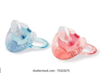 Pink And Blue Baby Pacifiers With Cold Gel And Teething Ridges, Isolated On White Background