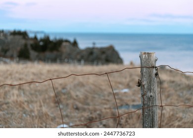 A pink and blue evening sky overlooking the blue ocean. There's a hill with a yellow grassy meadow, trees and a rocky coastline. A box wire fence joined to a wooden post stands in the foreground.  - Powered by Shutterstock
