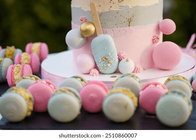 Pink and blue festive cake with chocolate glaze for a birthday or baby shower - Powered by Shutterstock