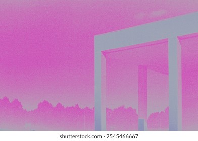 A pink and blue painting of a building with a pink sky - Powered by Shutterstock