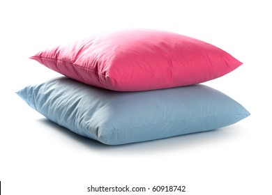 pink and blue pillows isolated on white background