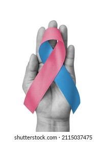 Pink Blue ribbon awareness for Birth defects month, (SIDS) Infertility, Miscarriage, Infant Loss, Amniotic Fluid Embolism, Male breast cancer, bow isolated on white background (clipping path) on hand - Shutterstock ID 2115037475