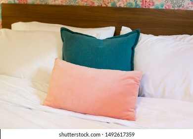 Pink And Blue Throw Pillows On White Bed, Close Up, Trendy Hotel