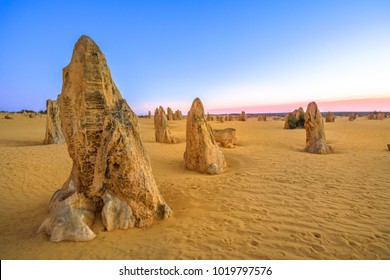 Pink blue twilight on the desert of pinnacles in WA Nambung National Park at sunset. These big pointed stones are the major tourist attraction of Western Australia. - Shutterstock ID 1019797576