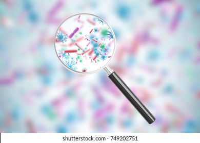 Pink and blue viruses and bacteria of various shapes against a white background. A magnifying glass. Blurred. Concept of science and medicine. 3d rendering - Powered by Shutterstock