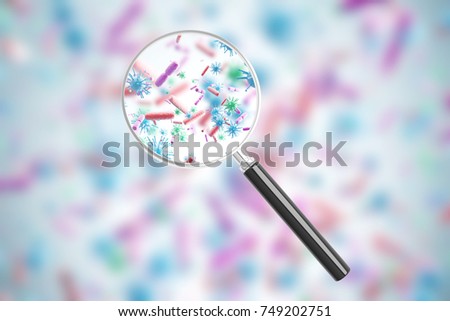 Pink and blue viruses and bacteria of various shapes against a white background. A magnifying glass. Blurred. Concept of science and medicine. 3d rendering
