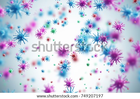 Pink and blue viruses and bacteria of various shapes against a white background. Concept of science and medicine. 3d rendering