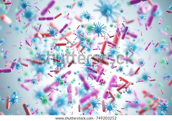 Pink and blue viruses and bacteria of various\
shapes against a blue background. Concept of science and medicine.\
3d rendering