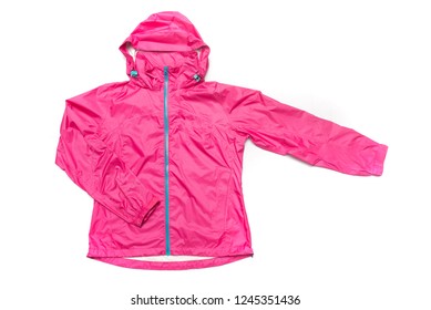 Pink And Blue Zipper Windbreaker Hiking Jacket, Rain Proof Jacket Coat Hoodie, Track Jacket Sport Nylon Gore-tex Full Zip Isolated On White.