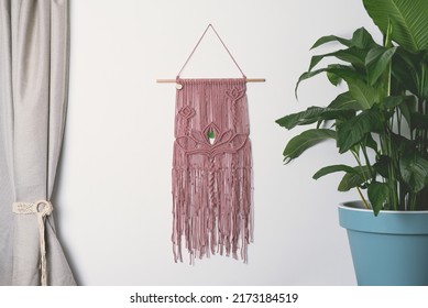 Pink Blush Hand Made Macrame  Wall Hanging Fiber Art Decoration With Lotus Flower Symbol