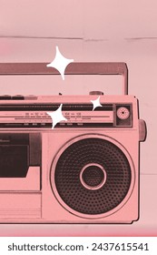 Pink boombox, retro radio on monotone. Promotional image for retro music festival. 1980s or 1990s pop culture art. Concept of music, festival, creativity, retro and vintage. Creative design