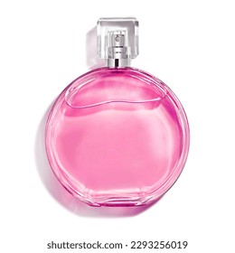 Pink Bottle of Perfume. Women's Eau De Parfum in Beautiful Rose Gold Bottle Isolated on White. Floral Fruity Fragrance for Women. Perfume Spray. Modern Luxury Lady Parfum De Toilette