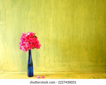 Pink bougainvillea flowers in a blue vase locating in front of yellowish green background.  Home decoration with floral idea,  house keeping.  copy space. - Shutterstock ID 2227430031