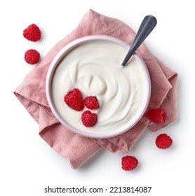 Pink Bowl Of Greek Yogurt And Fresh Raspberries On Linen Napkin Isolated On White Background, Top View