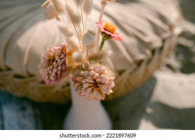 Pink And Brown Zinnia Flowers In Vase